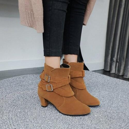 YMECHIC Western Cowboycowgirl Ankle Boots for Women Black Yellow Buckle Strap Block High Heel Flock Womens Boots Shoes 2019 New