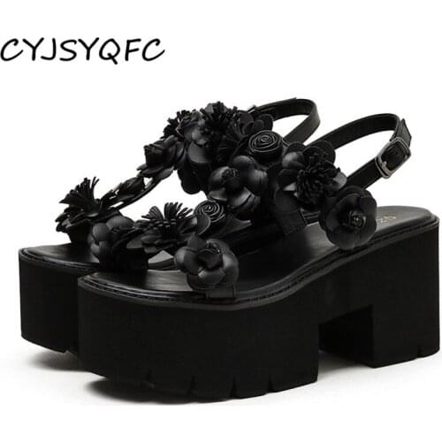 CYJSYQFC Sweet Flower Summer Sandals Women Demonia Platform Gothic T Strap Lady Shoes Black White Peep Toe Thick Bottom Sandalis