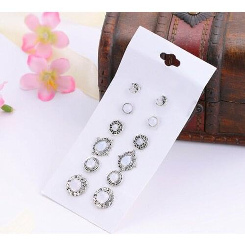 6 Pairs/set Round Earrings Vintage Female Opal Stud Earrings Set For Women Fashion Geometric Flower Earring Jewelry Wholesale
