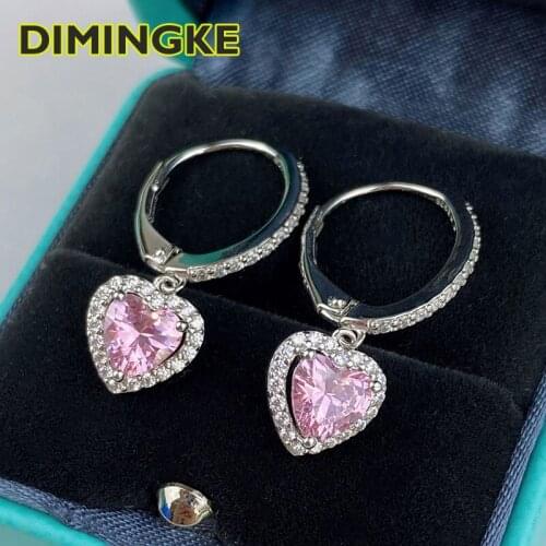 DIMINGKE Jewelry S925 Sterling Silver Pink Heart-shaped Diamond Earrings Romantic Woman Lover Birthday Gift Party