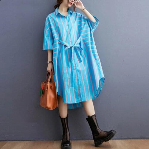 2021 Plus Size Summer Shirt Dress Sundress Oversize Women Vestidos Fashion Lady Dresses Cotton Striped Blue With Sashes
