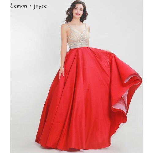 Lemon joyce Red Formal Evening Dresses 2020 V-Neck Beading Sleeveless A-Line Floor Length Prom Party Gowns Plus Size
