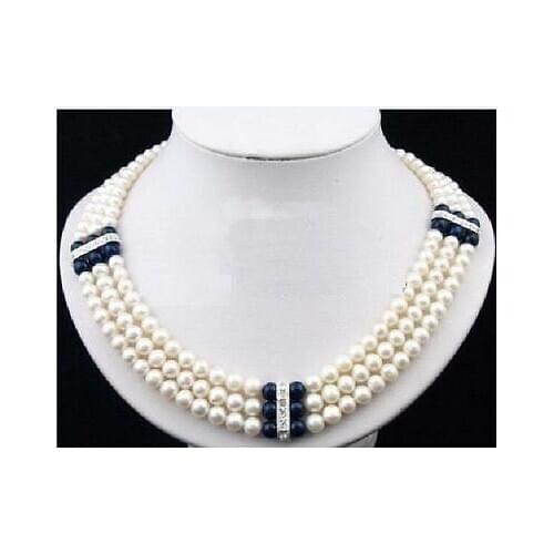 3 ROW new 7-8mm natural Akoya white black Pearl Necklace 17'-19'' 14k yellow GOL