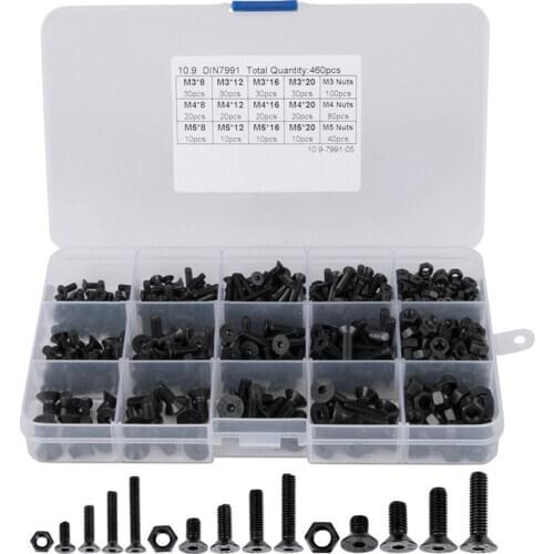 460Pcs M3 M4 M5 Alloy Steel Countersunk Flat Head Hex Socket Cap Screws Nuts Set ortment Kit Precise Metric Bolts Nuts Set