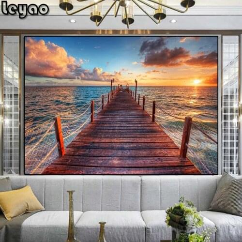 DIY Diamond Embroidery Seaside Sunrise Beach Bridge Landscape Full Diamond Painting Rhinestone Needlework Mosaic Wall Art Decor