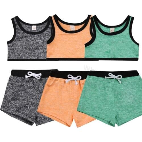 1-5 Years Unisex Children Summer Set Solid Color Stitching Sleeveless Vest Belt Tie Shorts Sports Boys Girls Suit