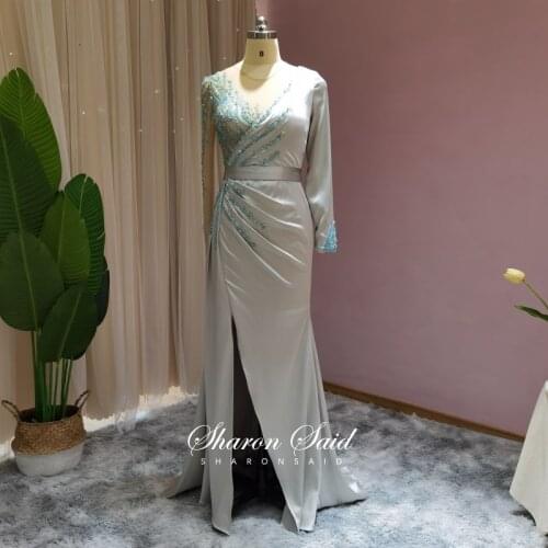 Dubai Mint Green Long Sleeve Evening Desses for Women Wedding Guest Party Gowns 2021 Arabic V-Neck Mermaid Prom Graduation Dress