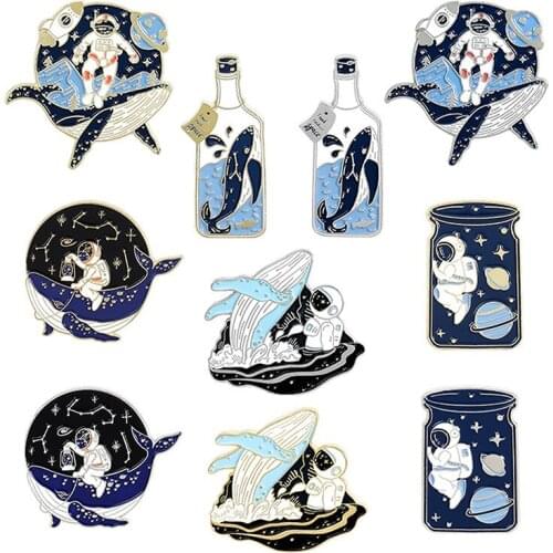 Whale Astronaut Enamel Pin Adventure Ocean Drifting Wishing Bottle Brooches Badge Bag Lapel Pin Jewelry Gift for Kids Friends