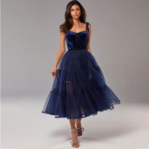 2021 New Navy Cocktail Dresses Spaghetti Tea Length Velvet Tulle Prom Dress Party Wear Customize Robe De Soirée De Mariage