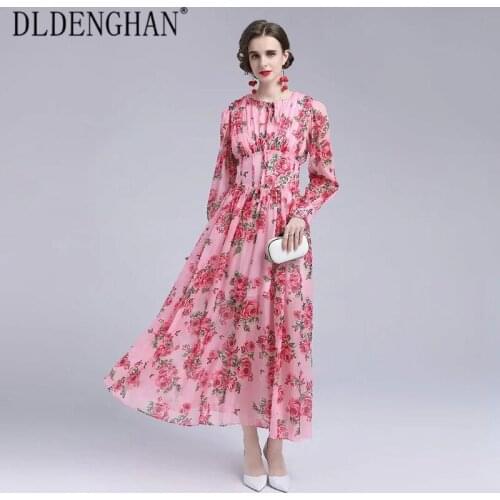 DLDENGHAN Fashion Runway Designer Autumn Long Dress Women O-Neck Lantern Sleeve Rose Flower Print Bohemian Dresses