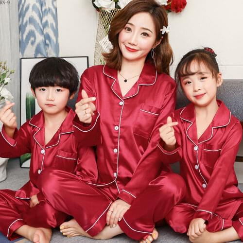 Babys Pajamas Set Spring Summer Long Sleeve Childrens Sleepwear Set Mom Son and Daughter Soild Satin Family Matching Outfits