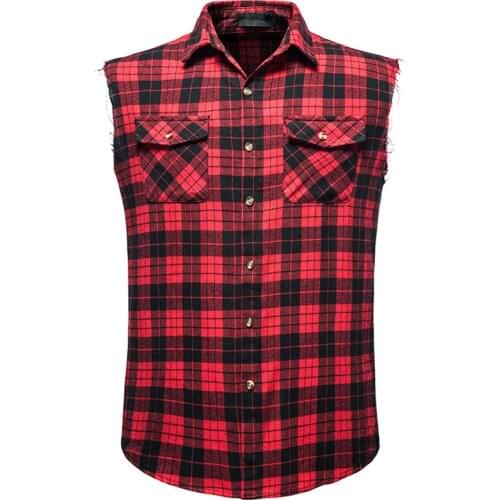 Red Plaid Shirts Men Summer Brand New Casual Sleeveless Mens Shirt Double Cowboy Pocket Camisas Breathable Oversize Vest