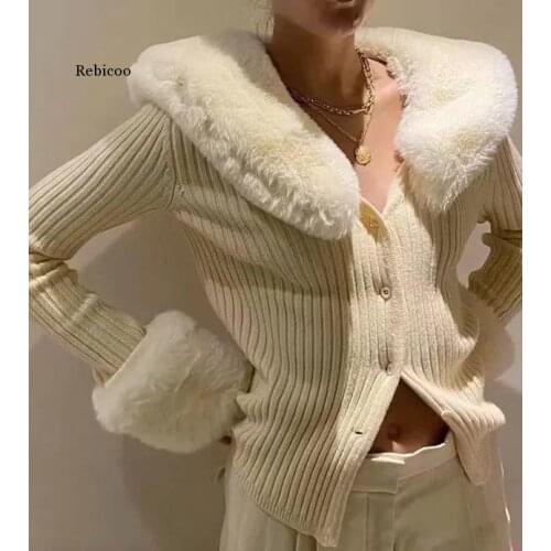 Sexy Women Cardigan Jumper Long Sleeve Patchwork Detachable Plush Collar Sweater Casual Female Autumn Winter Knitwear