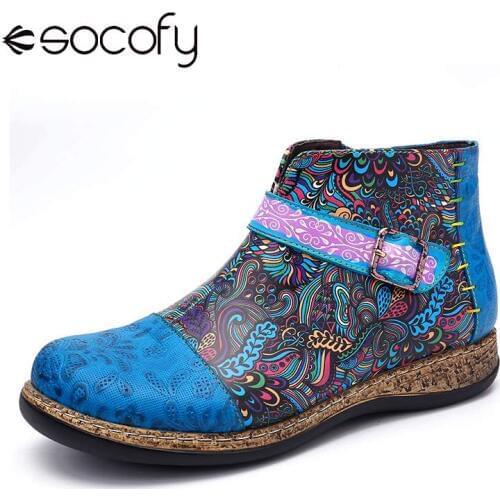 SOCOFY Folkways Boots Pattern Genuine Leather Splicing Comfy Flat Ankle Boots Elegant Shoes Women Shoes Botas Mujer 2020