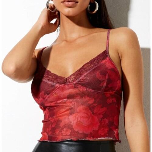 Sexy Summer Ladies Floral Printed Camis Vest Lace Trim V Neck Backless Slim Mesh Tops Boho Beach Club Women Sling Strap Crop Top