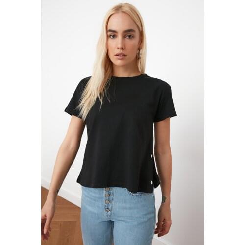 Womens Black Sides Snaps Cotton Knitted T-Shirt Fashion Casual Attractive Quality Stitching Summer Elegance