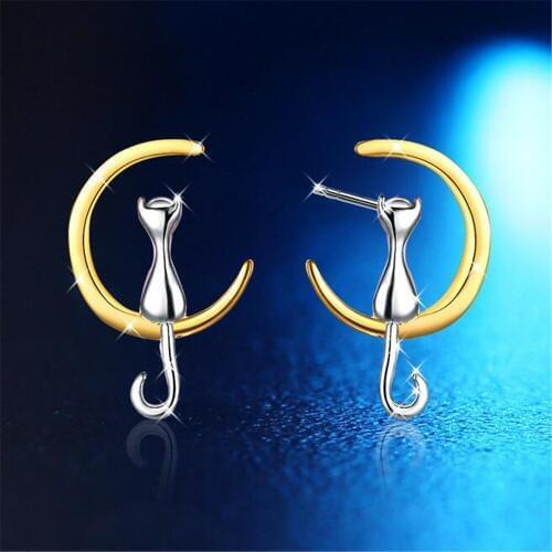 WQQCR Gold Fashion Jewelry Earrings Cute Animal Cat Kitten Cats Ear Studs Prisoner for Women Gift Cats Moon Stand Earrings