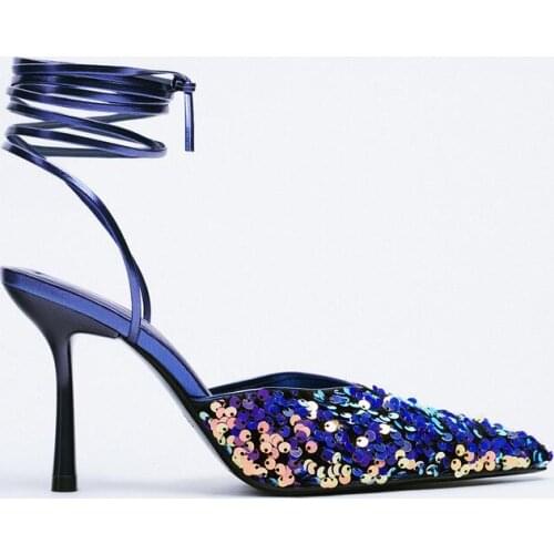 LMCAVASUN Hot Woman Pink Blue Color Slingback Sandals Pointed Toe Silk Shallow Lace Up Stiletto Heels Sandals Shoes