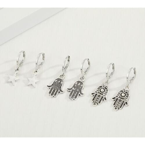 1Pair Vintage Fatima Hamsa Hand Hoop Earrings For Women Simple Cute Star Circle Earrings Small Ear Stud Turkish Jewelry E584