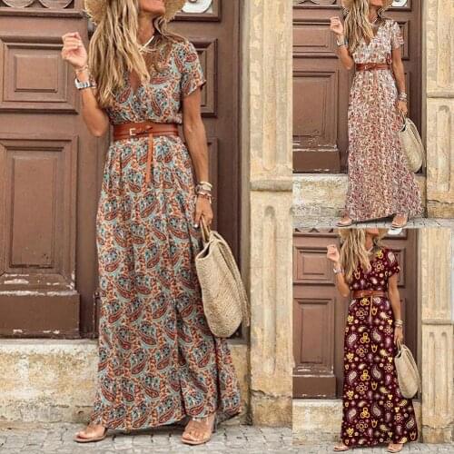 Fashion Boho Long Dress for Women V Neck Short Sleeve Print Slit Hem Beach Long Dress Elegant Womens Dress with Belt 2021