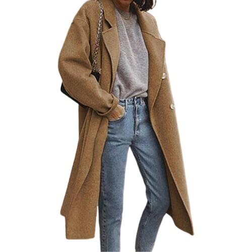 Winter Women Long Sleeve Double-breasted Lapel Coat Jacket Mid-length Overcoat