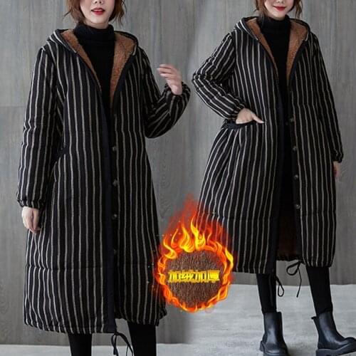 Winter Women Striped Hooded Parkas Female Button Long Fleece Coats Lady Pockets Warm Vintage Casual Plus Size Thick Jacket Tops