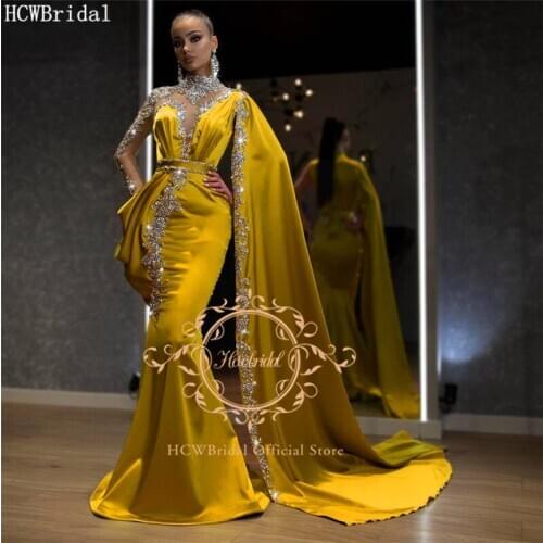 Golden Luxury Saudi Arabic Evening Dress With Cape High Neck Long Sleeve Sliver Crystals Mermaid Formal Dresses Plus Size