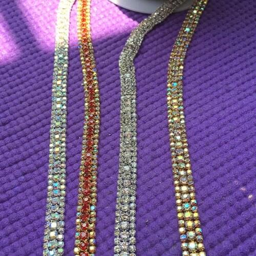 1cm think gold AB crystal chain yard trims for garments bags shoes ornaments red rhinestone chain for dress decoration DIY stone
