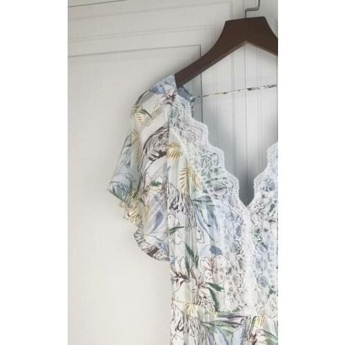 2021 Summer New Women Madi Dress Backless Lace Stitching Short Butterfly Sleeve V-Neck Jungle Print Midi Dress Ladies Long Robe