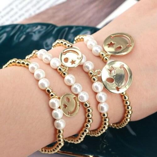 5Pcs, Chic Round Smiling Face Pendant Bracelet Gold plated beads/pearls bracelet For Women Handmade DIY jewelry