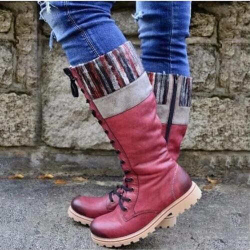 Fashion New Women Warm Winter Lace up Boots Shoes Slip On Round head Toe Long Boots Leather Shoes Low Heel Mid Calf Boots Large