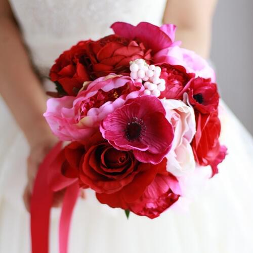 Red Rose & Peony Bouquet Red Wedding Flower Decoration Bridal Artificial Rose Bridesmaid Brides Wine Red Bouquets Poppy flower