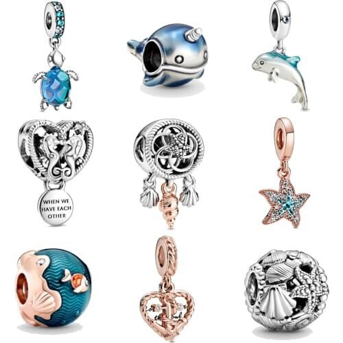 Hot Fashion Summer Silver Color Glass Turtle Starfish Sea Horse Charm Beads Fit Original Pandora Bracelets DIY Ocean Series Jewe