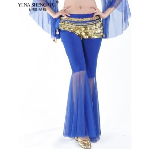 Dance Long Pants Belly Dance Costumes Pants Women Crystal Cotton Mesh Flares Tribal Belly Dance Performance Stage Dancer Pants