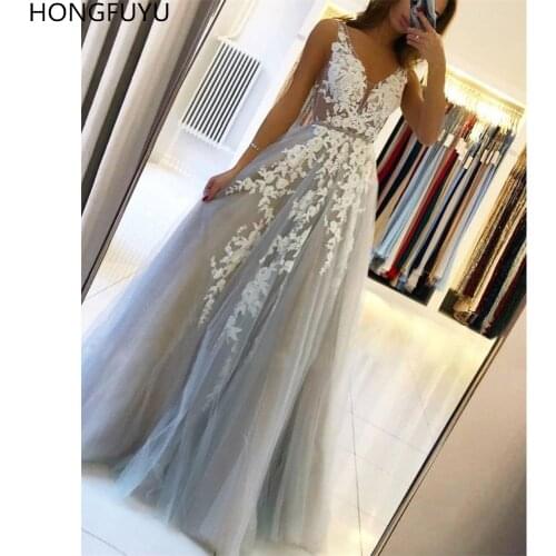 HONGFUYU Tulle A-line vestidos de noche Prom Dresses 2021 Sleeveless Appliques Lace Formal Evening Party Dress Light Grey Zipper