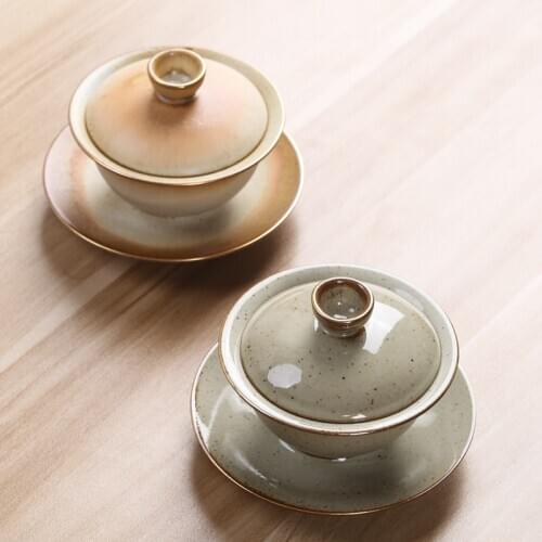 Stoneware Tea Bowl Gaiwan Tea Cup Three Pieces Tea Making Bowl Retro Domestic Kung Fu Tea Bowl Handmade Kung Fu Tea Set gaiwan