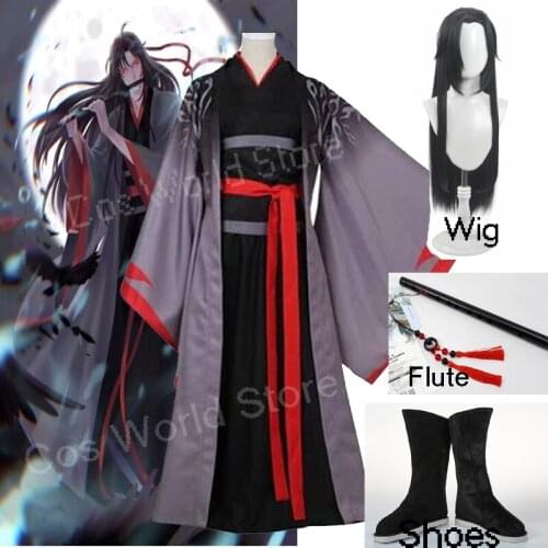 Mo Dao Zu Shi Wei Wu Xian Cosplay Costume Yi Ling Lao Zu Men Women Uniform Costume Roal Play Wig Shoes Flute Wind Chimes Outfits