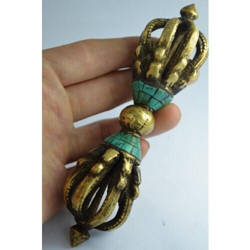 Fine antique Miao-Silver Old white Copper factory China Collectible Old Tibet Handwork Copper Inlay Turquoise Exorcism Statue