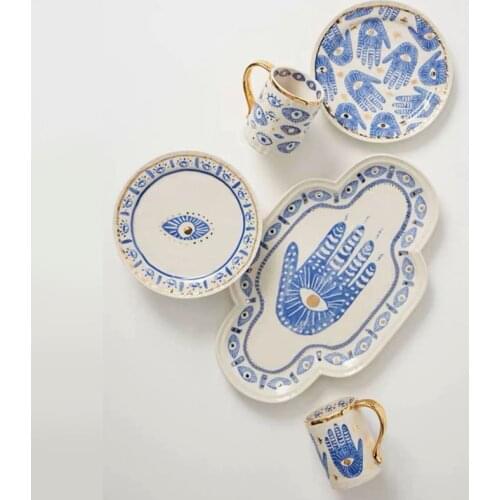Creative Hands Eyes Plate with Gold Rim Ceramic Dinnerware Dessert Cake Dishes Coffee Cups Indian Style Totem Serving Tray