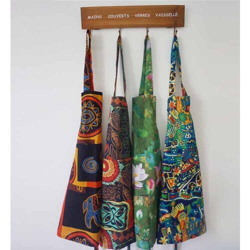 Home Kitchen Cookint Women Man Apron Flower Printed Ethnic Style Aprons With Pocket Personality Housewife Cotton and Linen Bibs