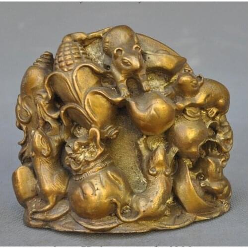 Lucky China fengshui brass Wealth yuanbao Money Zodiac Animal Mice Mouse Statue