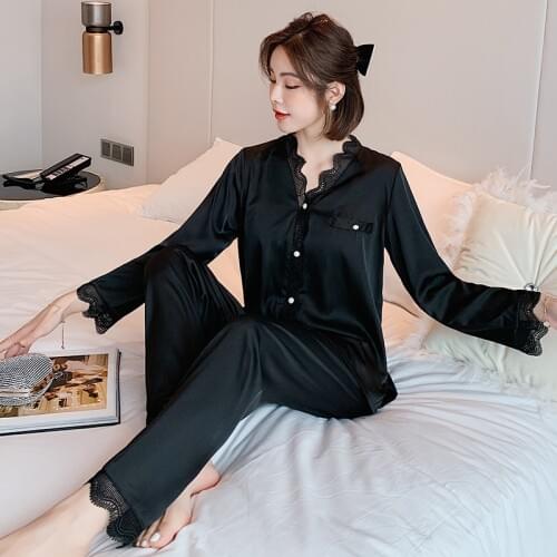 Summer Pajama Set Simulation Ice Silk Sleepwear Suit Long-sleeved Cardigan Lace Loungewear Luxury Clothing Sets