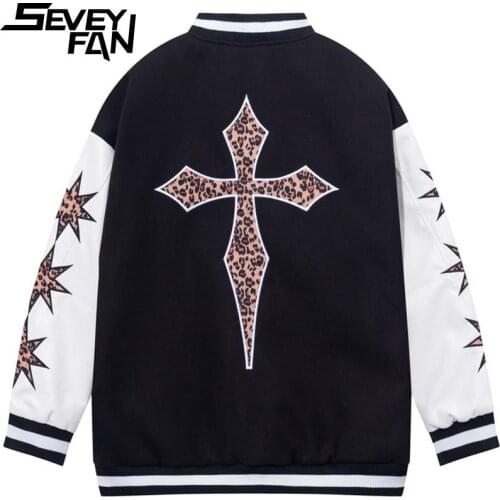 SEVEYFAN Mens Fashion Leopard Cross Embroidery Baseball Jacket Hip Hop PU Leather Patchwork Coat Streetwear for Couples