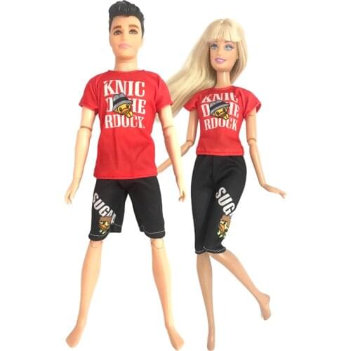 NK 2 Pcs/Set Couple Doll Clothes Cute Printing Red Shirt Black Shorts Pants For Barbie Doll Dress For Ken Doll Accessories