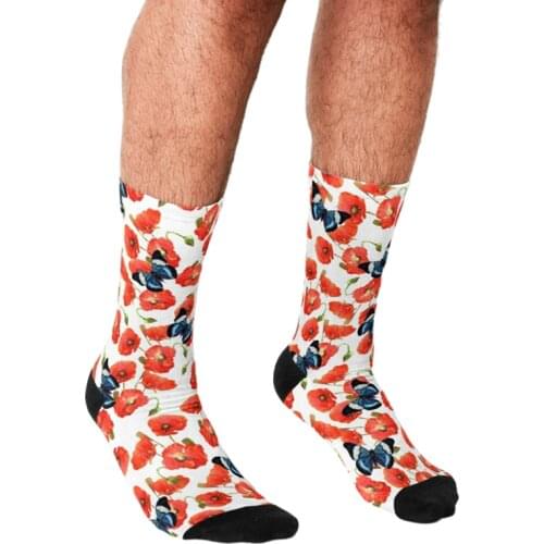 Funny Men socks cute Red poppies pattern Printed hip hop Men Happy Socks cute boys street style Crazy novelty Socks for men