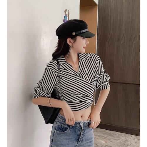 New Fashion Summer Striped Sexy Tie a Knot Bralette Short T Shirt Turn-down Collar Crop Top Women Three-quarter Sleeve Lady Tops