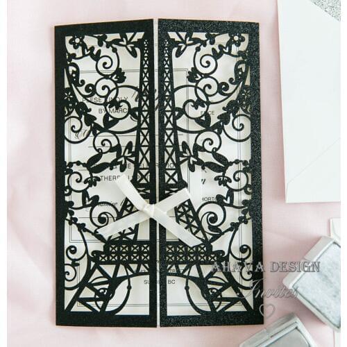 Paris Tower Laser Cut Wrap With Pattern And Bow, Eltgant Invitation