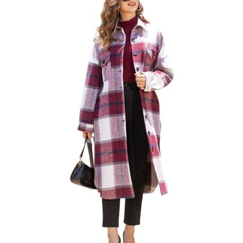 2021 Autumn Winter Female Thick Cotton Coat Jackets Fashion Plaid Turn-Down Collar Long Sleeve Warm Surcoat Plus Size S-XXL