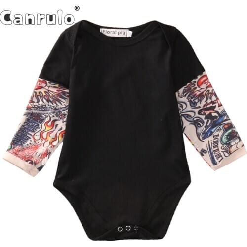 Autumn Winter Newborn Cotton Clothes Baby Boy Bodysuit Tattoos Printed Long Sleeve Jumpsuits Outfits Black Grey