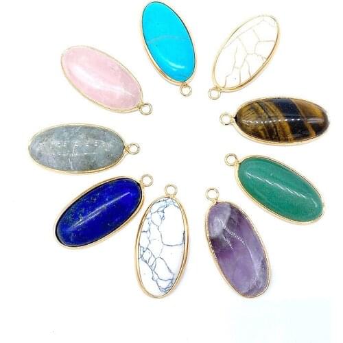 Gold Edge Oval Shape Stone Healing Pink Blue Green Crystal Quartz Pendant Wholesale Charms for Necklace Jewelry Making